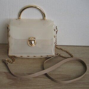 Trunk Style PVC Studded Stadium Crossbody Bag, Gold Cream